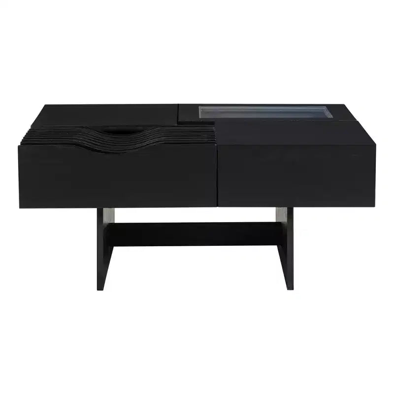 Table basse carrée avec dessus en verre trempé et ondulé et 3 tiroirs Table d'appoint de canapé en bois Table basse de centre moderne, Noir/Marron