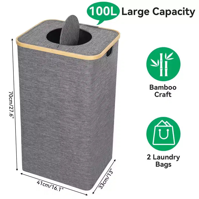 Panier à linge et bac de recyclage gris de 100 L avec couvercle, 2 sacs de doublure, pliable, imperméable