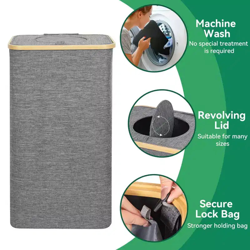 Panier à linge et bac de recyclage gris de 100 L avec couvercle, 2 sacs de doublure, pliable, imperméable