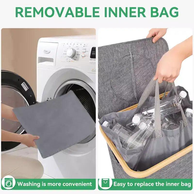 Panier à linge et bac de recyclage gris de 100 L avec couvercle, 2 sacs de doublure, pliable, imperméable