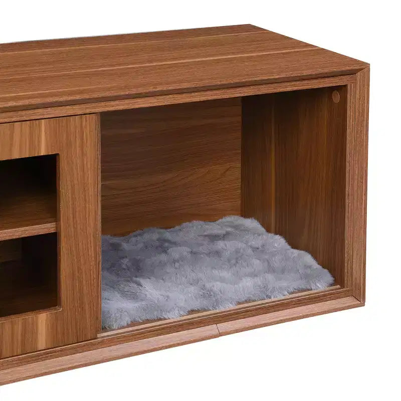 Meuble TV extensible avec bac à litière intégré pour chat, Meuble TV pour chat, Mobilier adapté aux chats, Moderne Mid-Century, Noyer