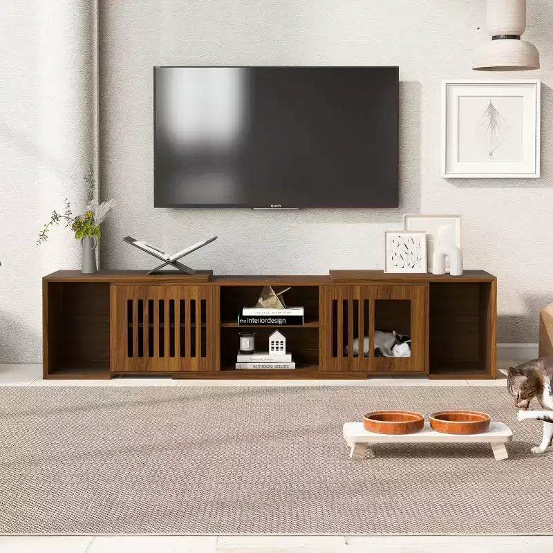 Meuble TV extensible avec bac à litière intégré pour chat, Meuble TV pour chat, Mobilier adapté aux chats, Moderne Mid-Century, Noyer