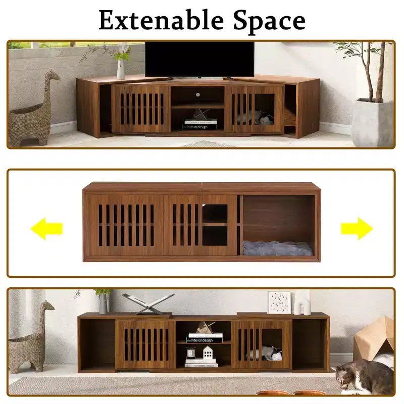 Meuble TV extensible avec bac à litière intégré pour chat, Meuble TV pour chat, Mobilier adapté aux chats, Moderne Mid-Century, Noyer