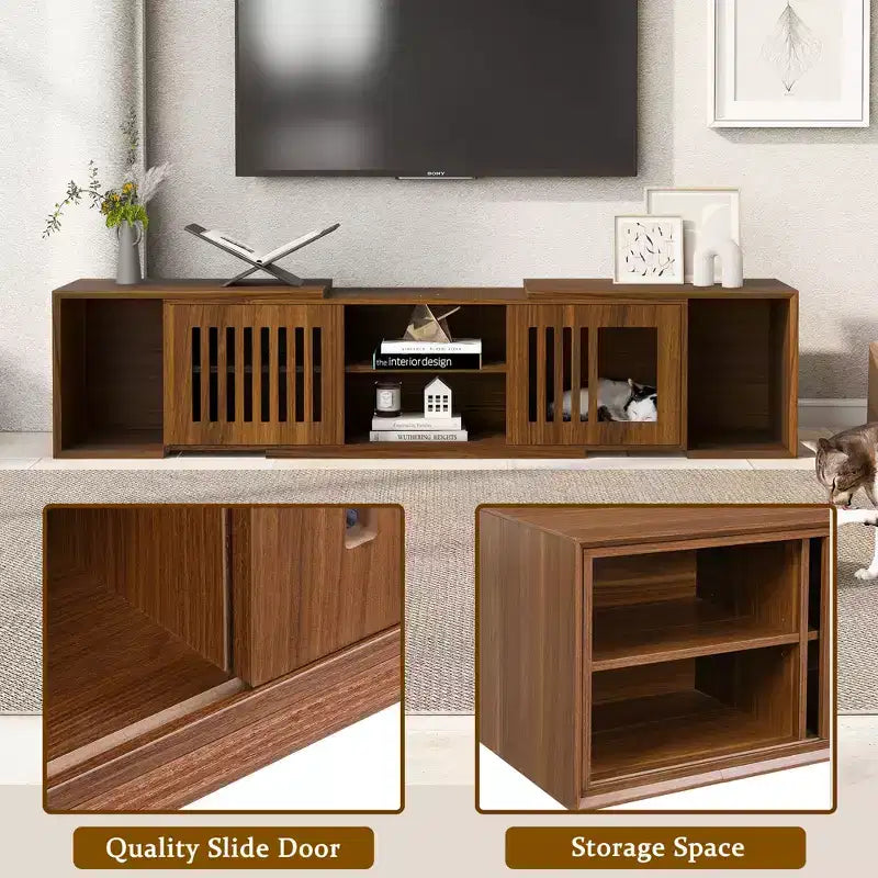 Meuble TV extensible avec bac à litière intégré pour chat, Meuble TV pour chat, Mobilier adapté aux chats, Moderne Mid-Century, Noyer