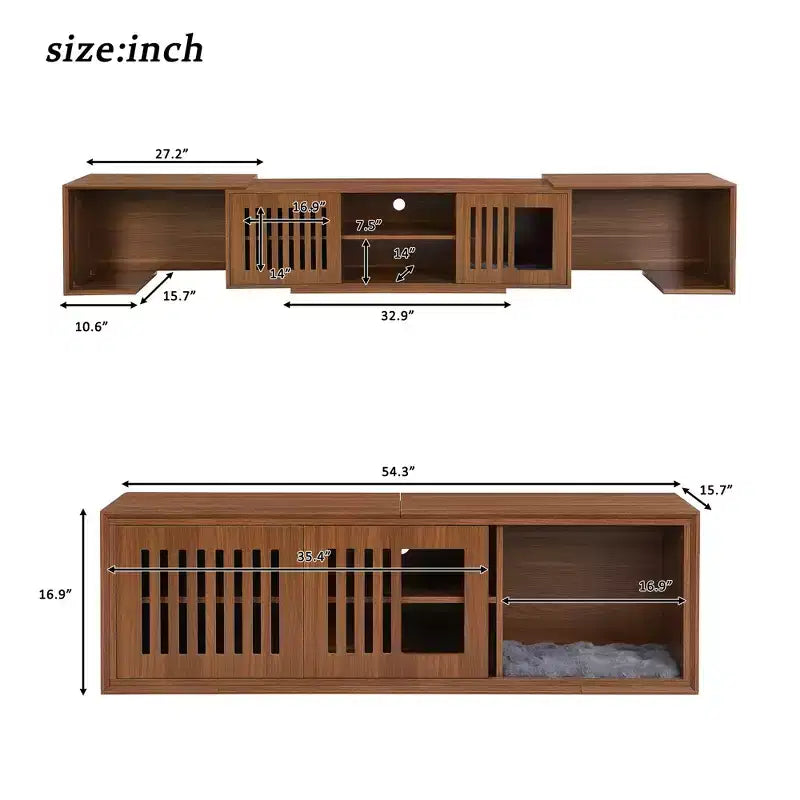 Meuble TV extensible avec bac à litière intégré pour chat, Meuble TV pour chat, Mobilier adapté aux chats, Moderne Mid-Century, Noyer