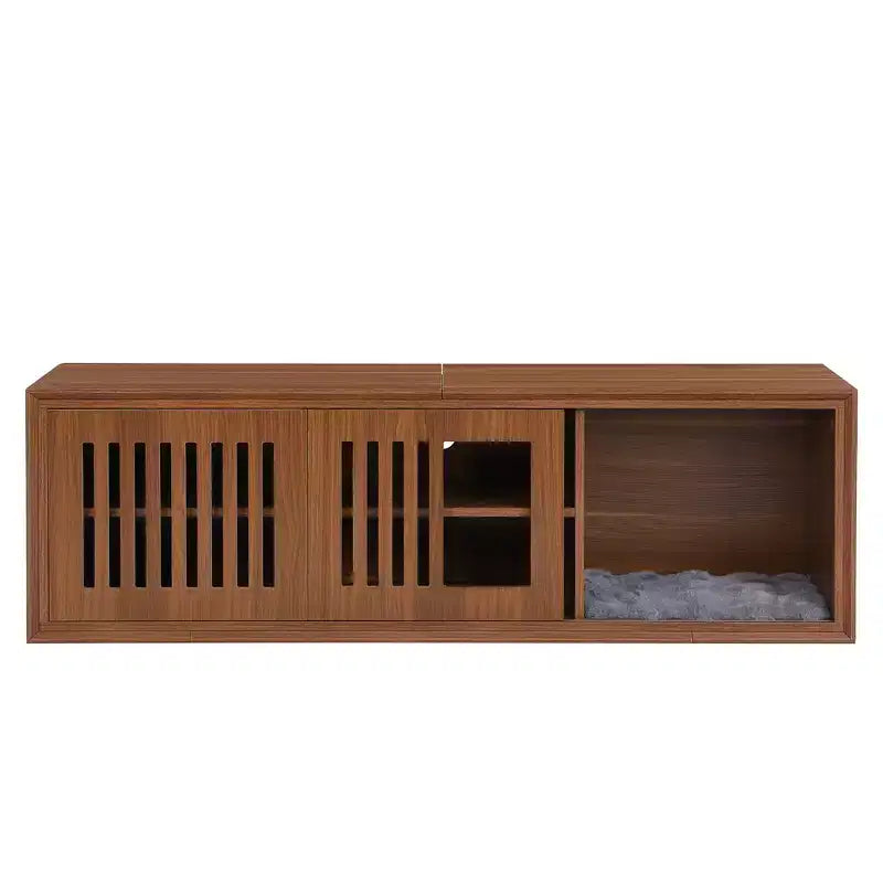 Meuble TV extensible avec bac à litière intégré pour chat, Meuble TV pour chat, Mobilier adapté aux chats, Moderne Mid-Century, Noyer