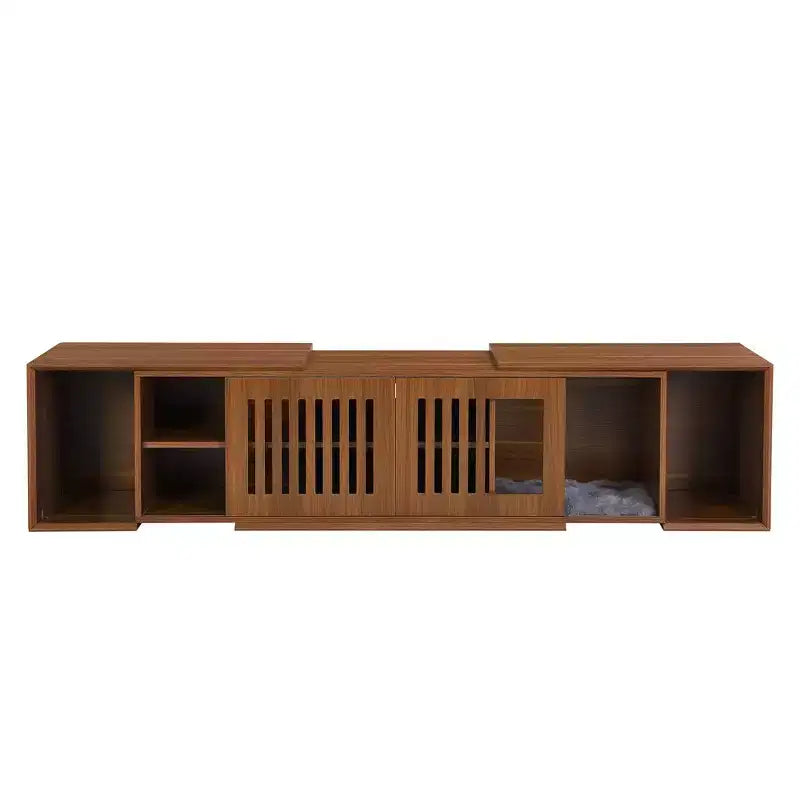 Meuble TV extensible avec bac à litière intégré pour chat, Meuble TV pour chat, Mobilier adapté aux chats, Moderne Mid-Century, Noyer