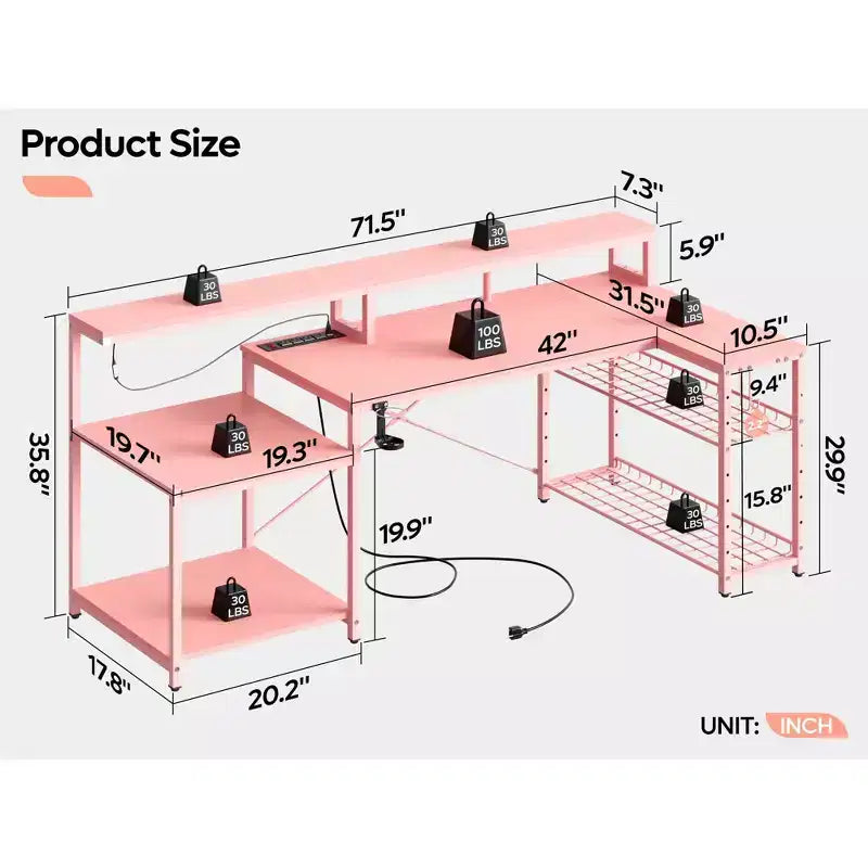 Bureau de jeu 71,5 pouces avec prise de courant, bureau d'ordinateur en L avec support pour moniteur, table de joueur d'angle avec étagère réglable et crochet pour casque