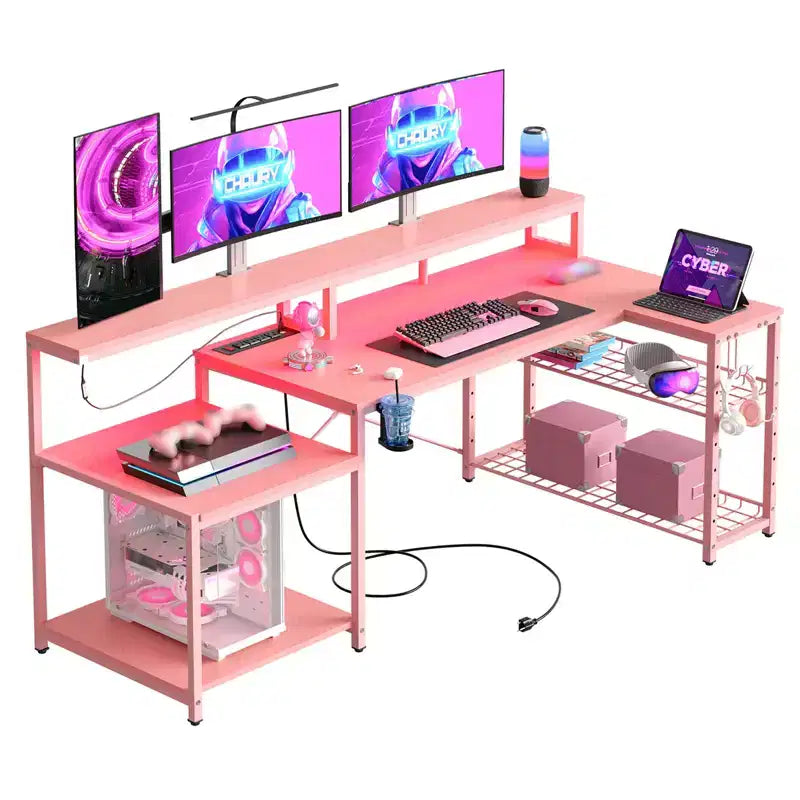 Bureau de jeu 71,5 pouces avec prise de courant, bureau d'ordinateur en L avec support pour moniteur, table de joueur d'angle avec étagère réglable et crochet pour casque