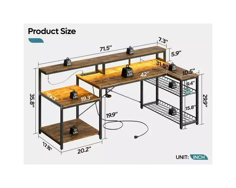 Bureau de jeu 71,5 pouces avec prise de courant, bureau d'ordinateur en L avec support pour moniteur, table de joueur d'angle avec étagère réglable et crochet pour casque
