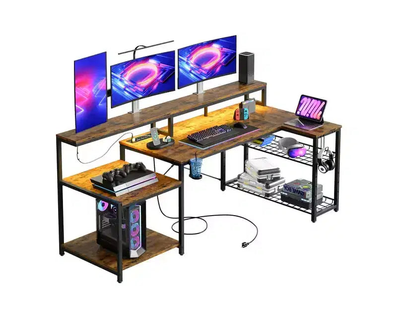Bureau de jeu 71,5 pouces avec prise de courant, bureau d'ordinateur en L avec support pour moniteur, table de joueur d'angle avec étagère réglable et crochet pour casque