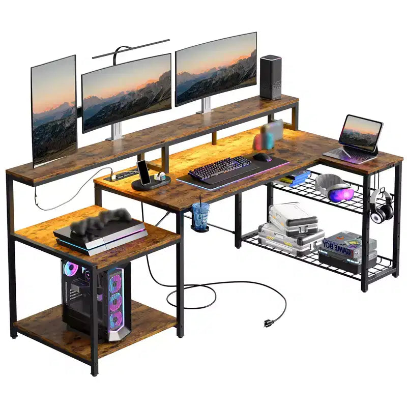 Bureau de jeu 71,5 pouces avec prise de courant, bureau d'ordinateur en L avec support pour moniteur, table de joueur d'angle avec étagère réglable et crochet pour casque