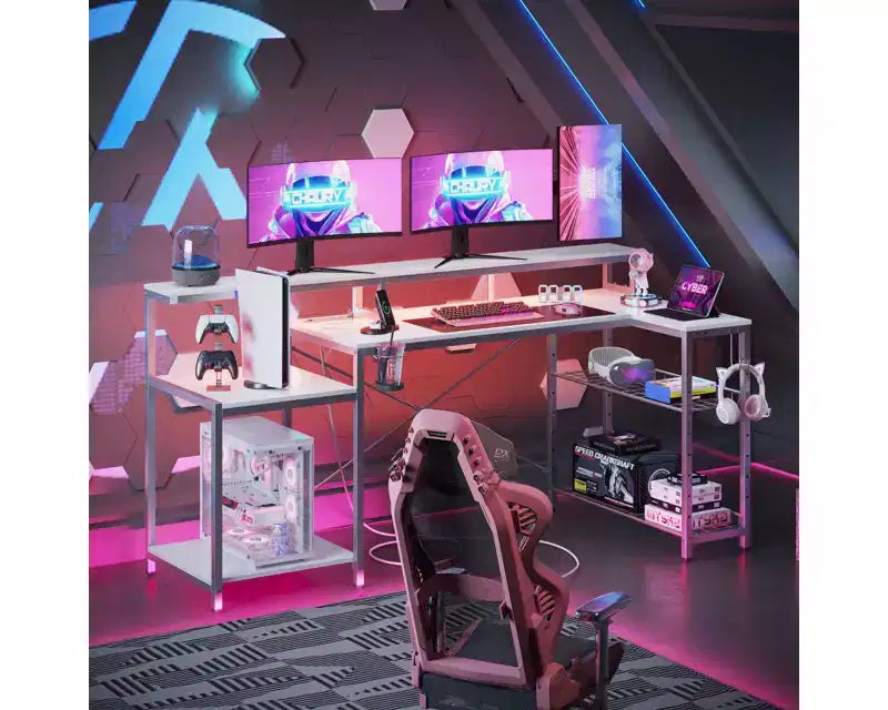 Bureau de jeu 71,5 pouces avec prise de courant, bureau d'ordinateur en L avec support pour moniteur, table de joueur d'angle avec étagère réglable et crochet pour casque