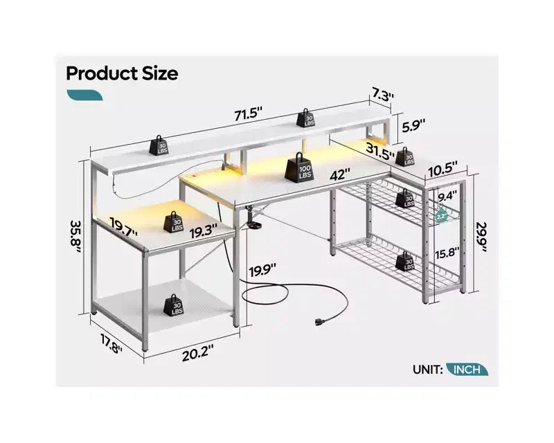Bureau de jeu 71,5 pouces avec prise de courant, bureau d'ordinateur en L avec support pour moniteur, table de joueur d'angle avec étagère réglable et crochet pour casque