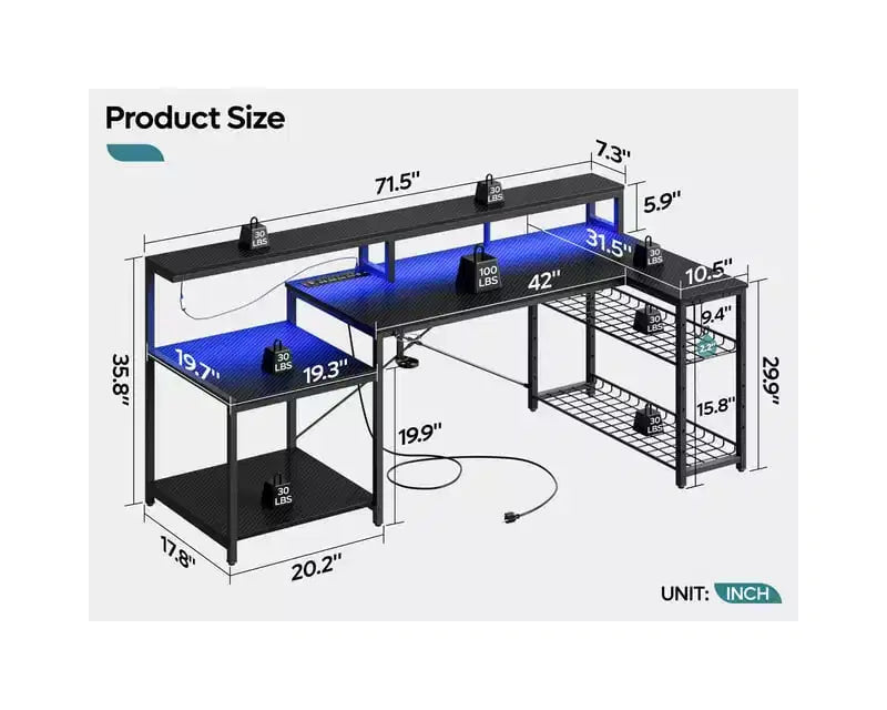 Bureau de jeu 71,5 pouces avec prise de courant, bureau d'ordinateur en L avec support pour moniteur, table de joueur d'angle avec étagère réglable et crochet pour casque