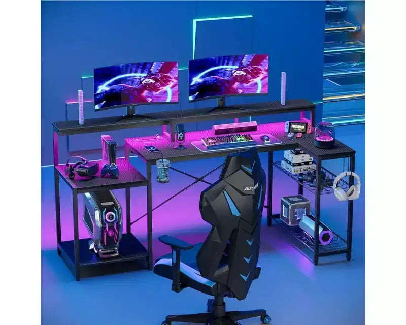 Bureau de jeu 71,5 pouces avec prise de courant, bureau d'ordinateur en L avec support pour moniteur, table de joueur d'angle avec étagère réglable et crochet pour casque