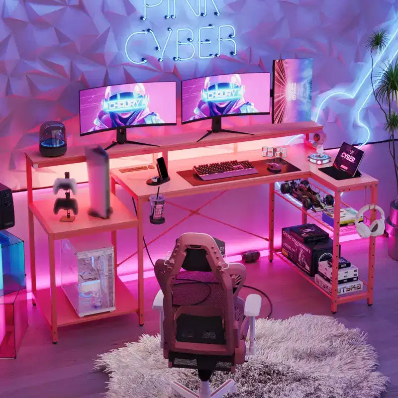 Bureau de jeu 71,5 pouces avec prise de courant, bureau d'ordinateur en L avec support pour moniteur, table de joueur d'angle avec étagère réglable et crochet pour casque