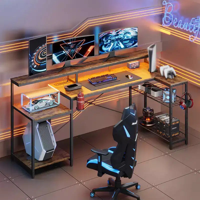 Bureau de jeu 71,5 pouces avec prise de courant, bureau d'ordinateur en L avec support pour moniteur, table de joueur d'angle avec étagère réglable et crochet pour casque