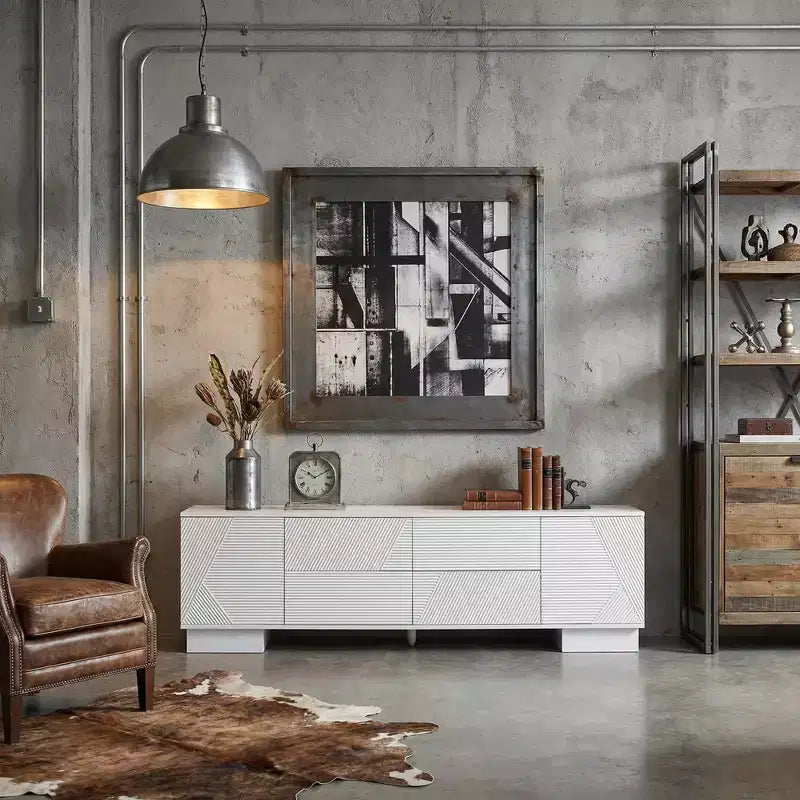 JVNOXK 70.8-inch Modern TV Stand, Suitable for TVs 75 inches and under, Featuring Storage Cabinet with 4 Drawers and Metal Center Leg, White