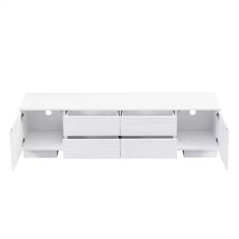 Meuble TV moderne de 70,8 pouces, convient aux téléviseurs de 75 pouces et moins, avec meuble de rangement à 4 tiroirs et pied central en métal, Blanc