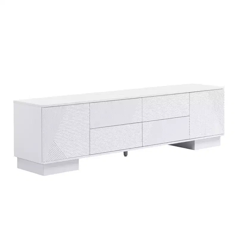 Meuble TV moderne de 70,8 pouces, convient aux téléviseurs de 75 pouces et moins, avec meuble de rangement à 4 tiroirs et pied central en métal, Blanc