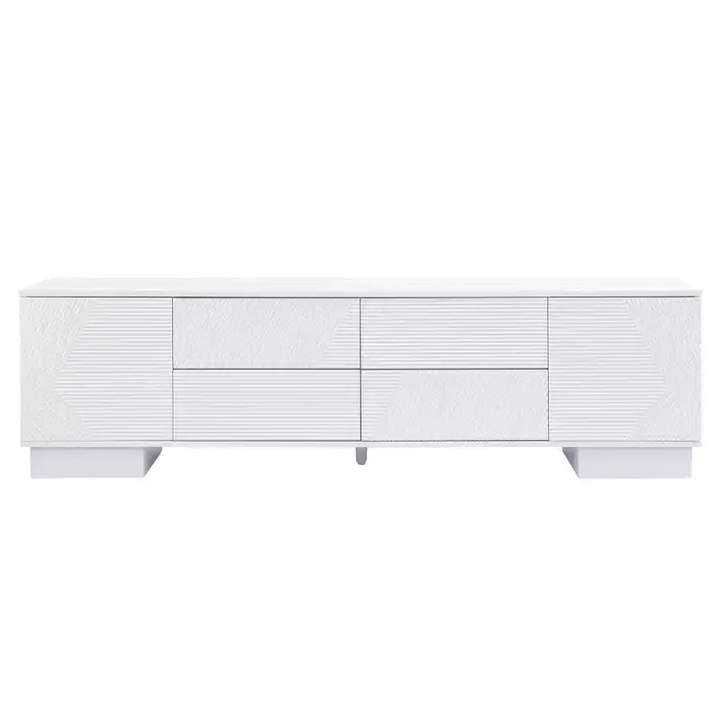 Meuble TV moderne de 70,8 pouces, convient aux téléviseurs de 75 pouces et moins, avec meuble de rangement à 4 tiroirs et pied central en métal, Blanc
