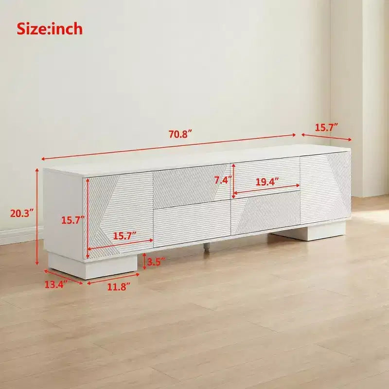 Meuble TV moderne de 70,8 pouces, convient aux téléviseurs de 75 pouces et moins, avec meuble de rangement à 4 tiroirs et pied central en métal, Blanc