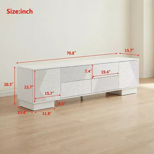 Meuble TV moderne de 70,8 pouces, convient aux téléviseurs de 75 pouces et moins, avec meuble de rangement à 4 tiroirs et pied central en métal, Blanc