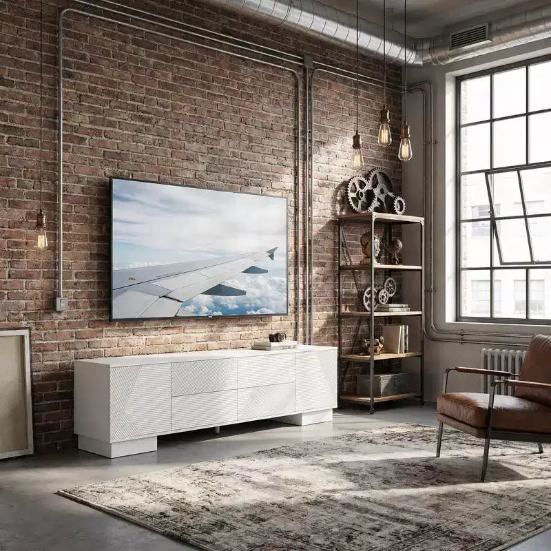 Meuble TV moderne de 70,8 pouces, convient aux téléviseurs de 75 pouces et moins, avec meuble de rangement à 4 tiroirs et pied central en métal, Blanc