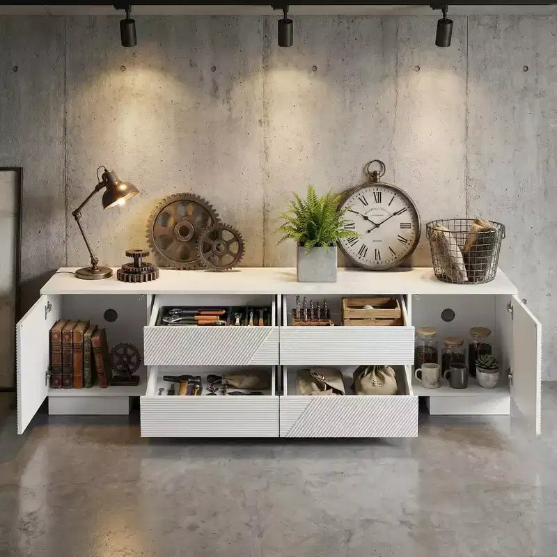Meuble TV moderne de 70,8 pouces, convient aux téléviseurs de 75 pouces et moins, avec meuble de rangement à 4 tiroirs et pied central en métal, Blanc