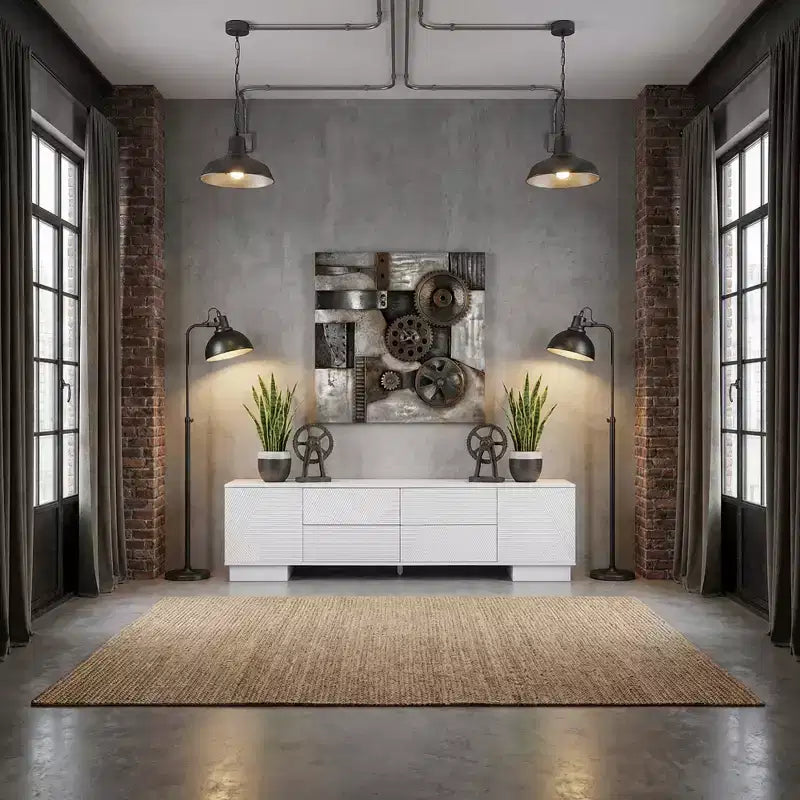 Meuble TV moderne de 70,8 pouces, convient aux téléviseurs de 75 pouces et moins, avec meuble de rangement à 4 tiroirs et pied central en métal, Blanc