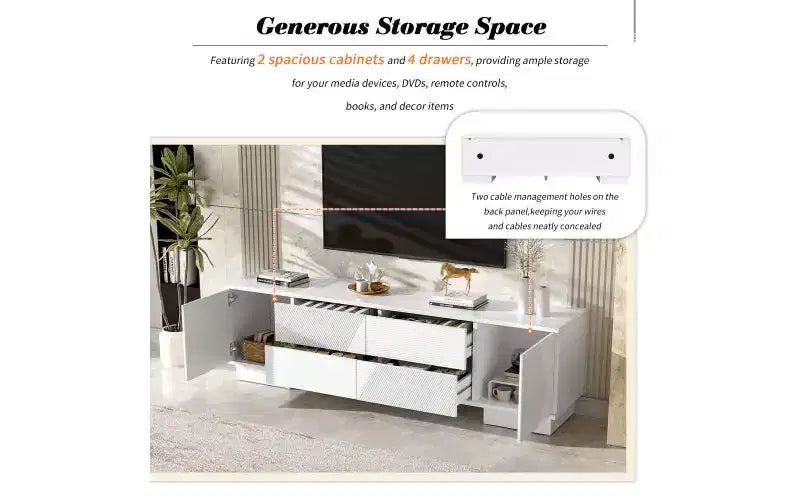 Meuble TV moderne de 70,8 pouces, convient aux téléviseurs de 75 pouces et moins, avec meuble de rangement à 4 tiroirs et pied central en métal, Blanc