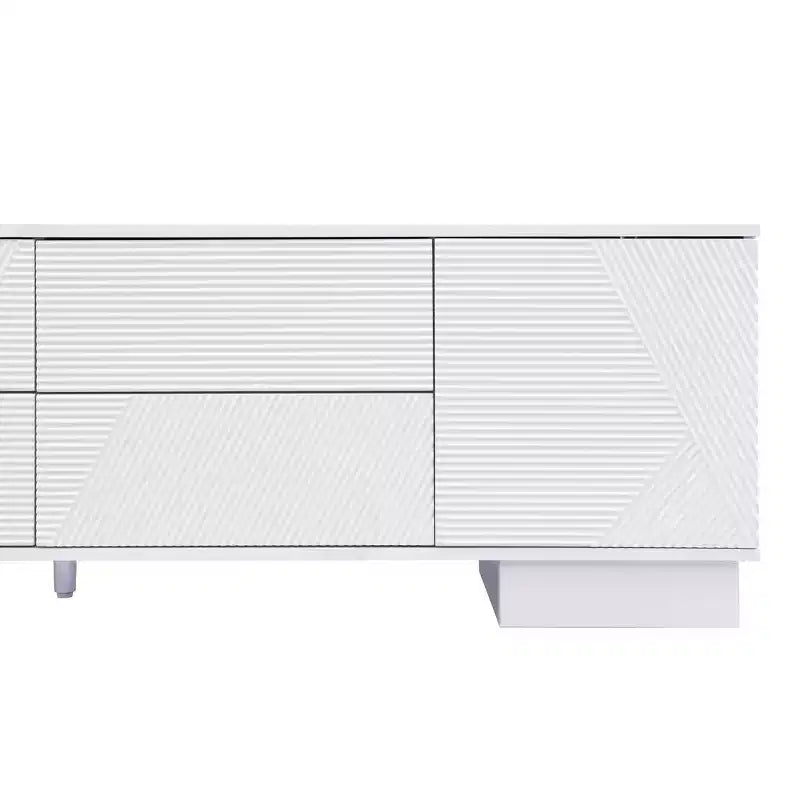 Meuble TV moderne de 70,8 pouces, convient aux téléviseurs de 75 pouces et moins, avec meuble de rangement à 4 tiroirs et pied central en métal, Blanc
