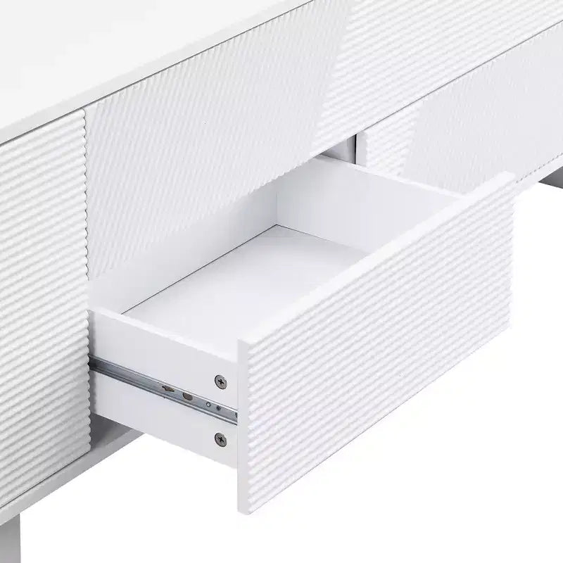 Meuble TV moderne de 70,8 pouces, convient aux téléviseurs de 75 pouces et moins, avec meuble de rangement à 4 tiroirs et pied central en métal, Blanc