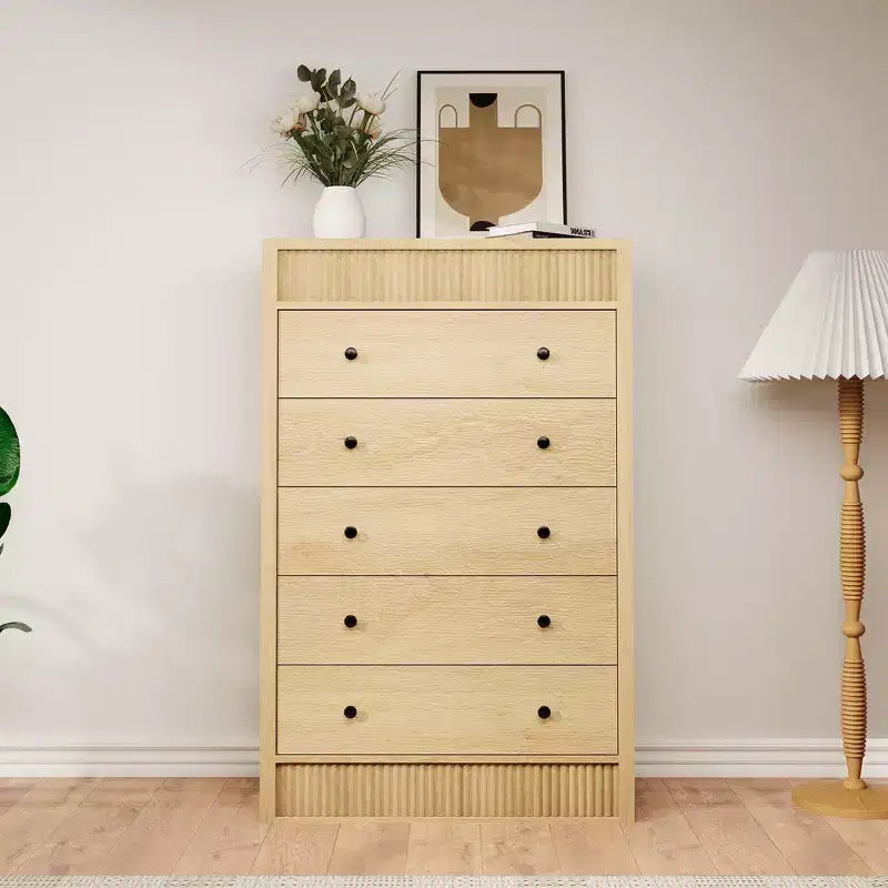 Commode haute à 5 tiroirs pour chambre à coucher, commode cannelée de 31,5 po de large, armoire de rangement en bois moderne pour chambre d'enfant, couloir, salon