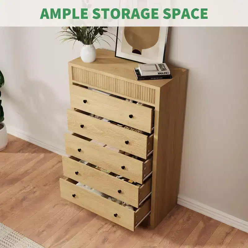 Commode haute à 5 tiroirs pour chambre à coucher, commode cannelée de 31,5 po de large, armoire de rangement en bois moderne pour chambre d'enfant, couloir, salon