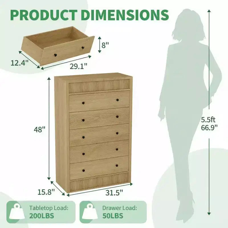 Commode haute à 5 tiroirs pour chambre à coucher, commode cannelée de 31,5 po de large, armoire de rangement en bois moderne pour chambre d'enfant, couloir, salon