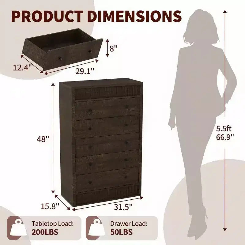 Commode haute à 5 tiroirs pour chambre à coucher, commode cannelée de 31,5 po de large, armoire de rangement en bois moderne pour chambre d'enfant, couloir, salon