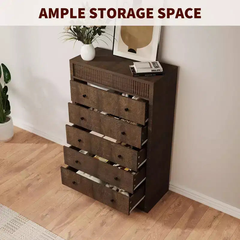 Commode haute à 5 tiroirs pour chambre à coucher, commode cannelée de 31,5 po de large, armoire de rangement en bois moderne pour chambre d'enfant, couloir, salon
