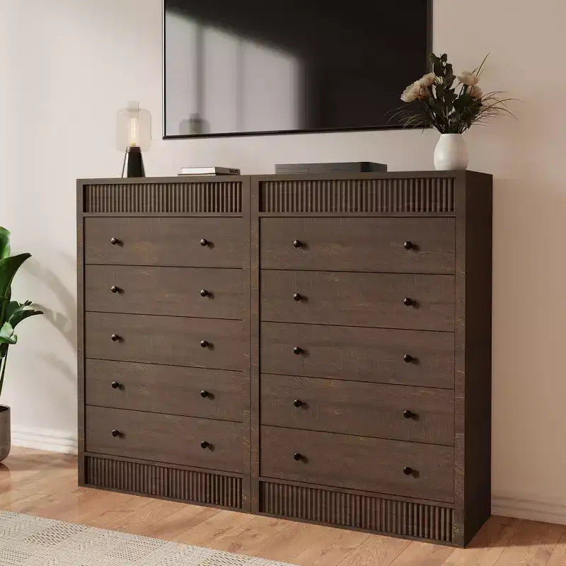 Commode haute à 5 tiroirs pour chambre à coucher, commode cannelée de 31,5 po de large, armoire de rangement en bois moderne pour chambre d'enfant, couloir, salon