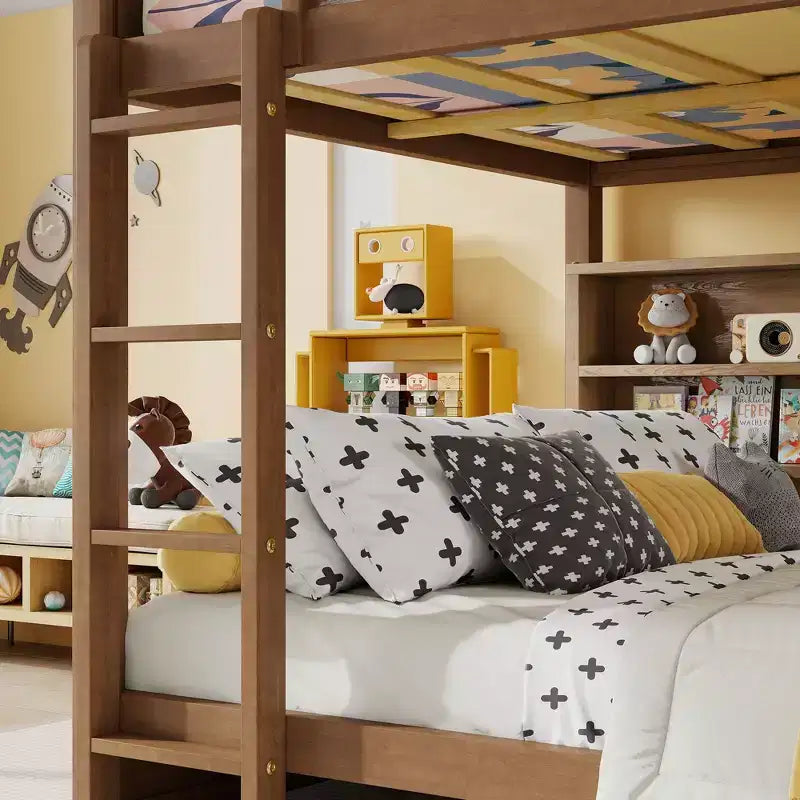 Lit superposé Queen sur Queen avec armoires de rangement, cadre de lit superposé en bois Queen avec station de charge pour enfants et adolescents