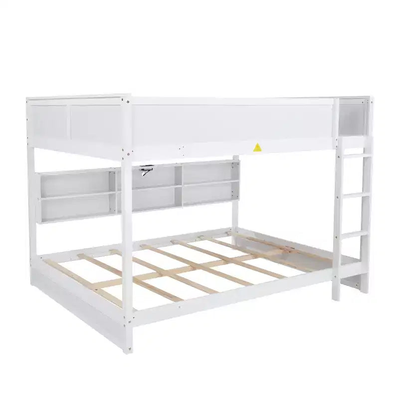 Lit superposé Queen sur Queen avec armoires de rangement, cadre de lit superposé en bois Queen avec station de charge pour enfants et adolescents