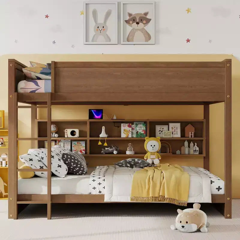 Lit superposé Queen sur Queen avec armoires de rangement, cadre de lit superposé en bois Queen avec station de charge pour enfants et adolescents