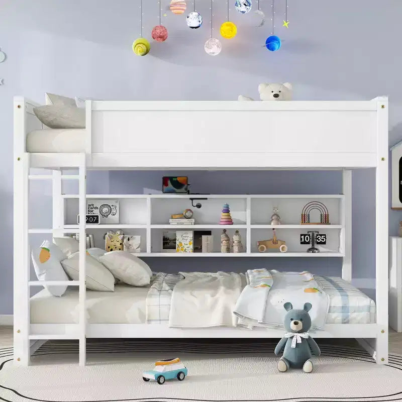 Lit superposé Queen sur Queen avec armoires de rangement, cadre de lit superposé en bois Queen avec station de charge pour enfants et adolescents