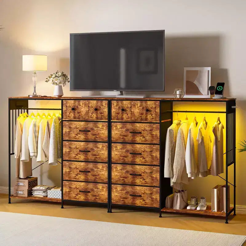 Commode 125 cm avec tringle et lumières, tour de rangement à 6 tiroirs avec station de charge et plateau en bois réversible pour chambre à coucher