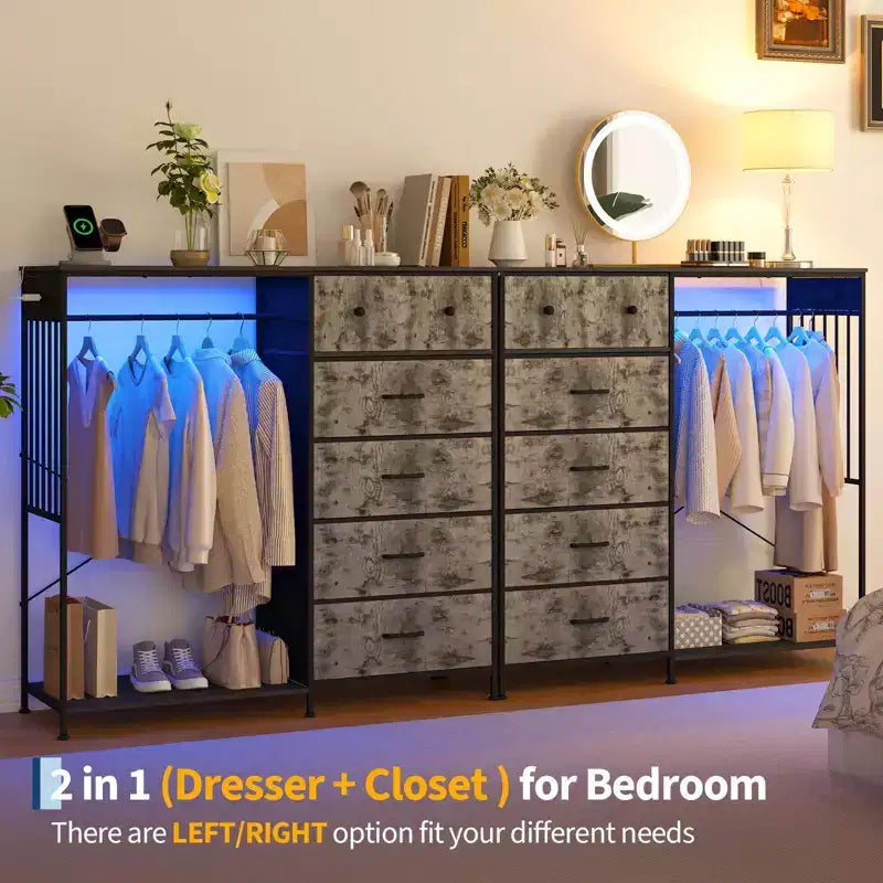 Commode 125 cm avec tringle et lumières, tour de rangement à 6 tiroirs avec station de charge et plateau en bois réversible pour chambre à coucher