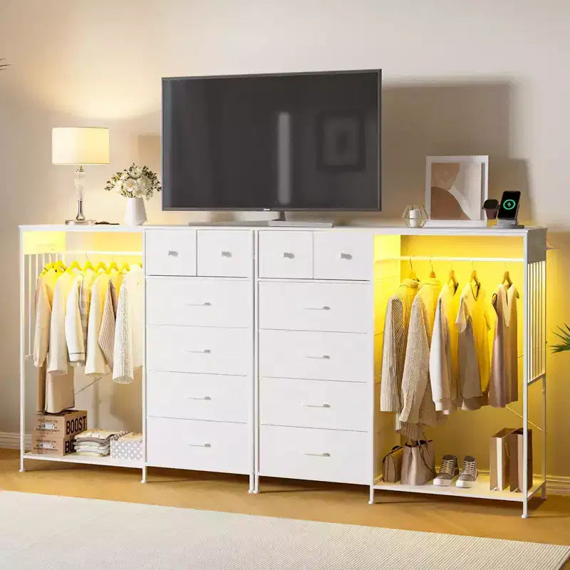 Commode 125 cm avec tringle et lumières, tour de rangement à 6 tiroirs avec station de charge et plateau en bois réversible pour chambre à coucher