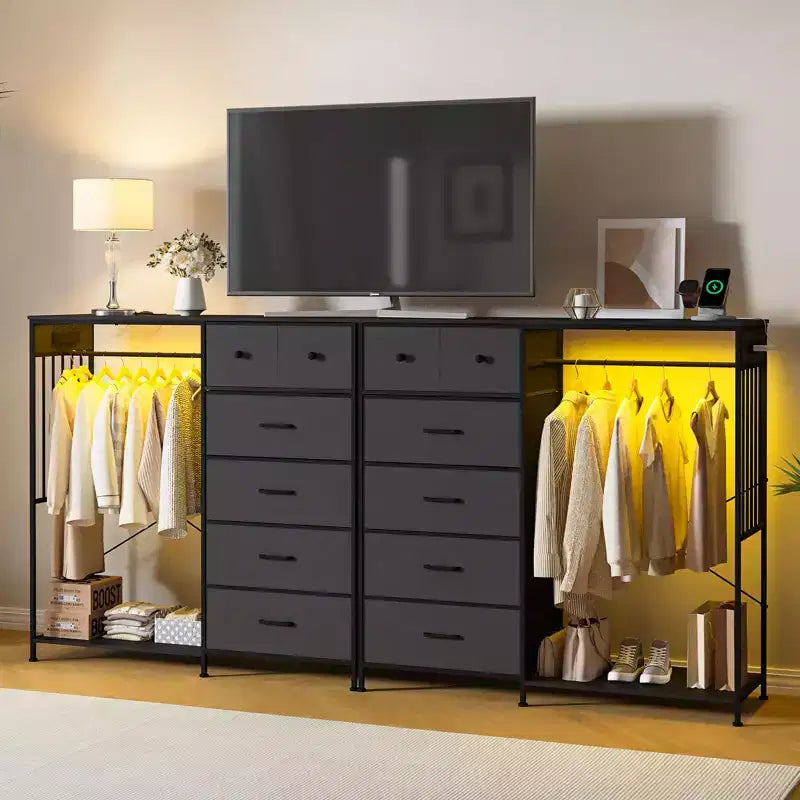 Commode 125 cm avec tringle et lumières, tour de rangement à 6 tiroirs avec station de charge et plateau en bois réversible pour chambre à coucher