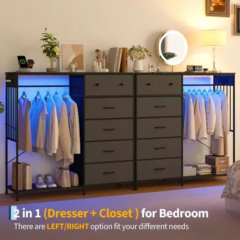 Commode 125 cm avec tringle et lumières, tour de rangement à 6 tiroirs avec station de charge et plateau en bois réversible pour chambre à coucher