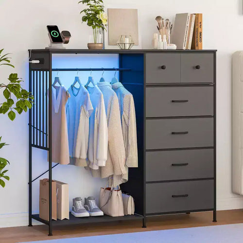 49.2 Dresser with Hanging Rack & Lights, 6-Drawer Storage Tower with Charging Station & Reversible Wood Top for Bedroom